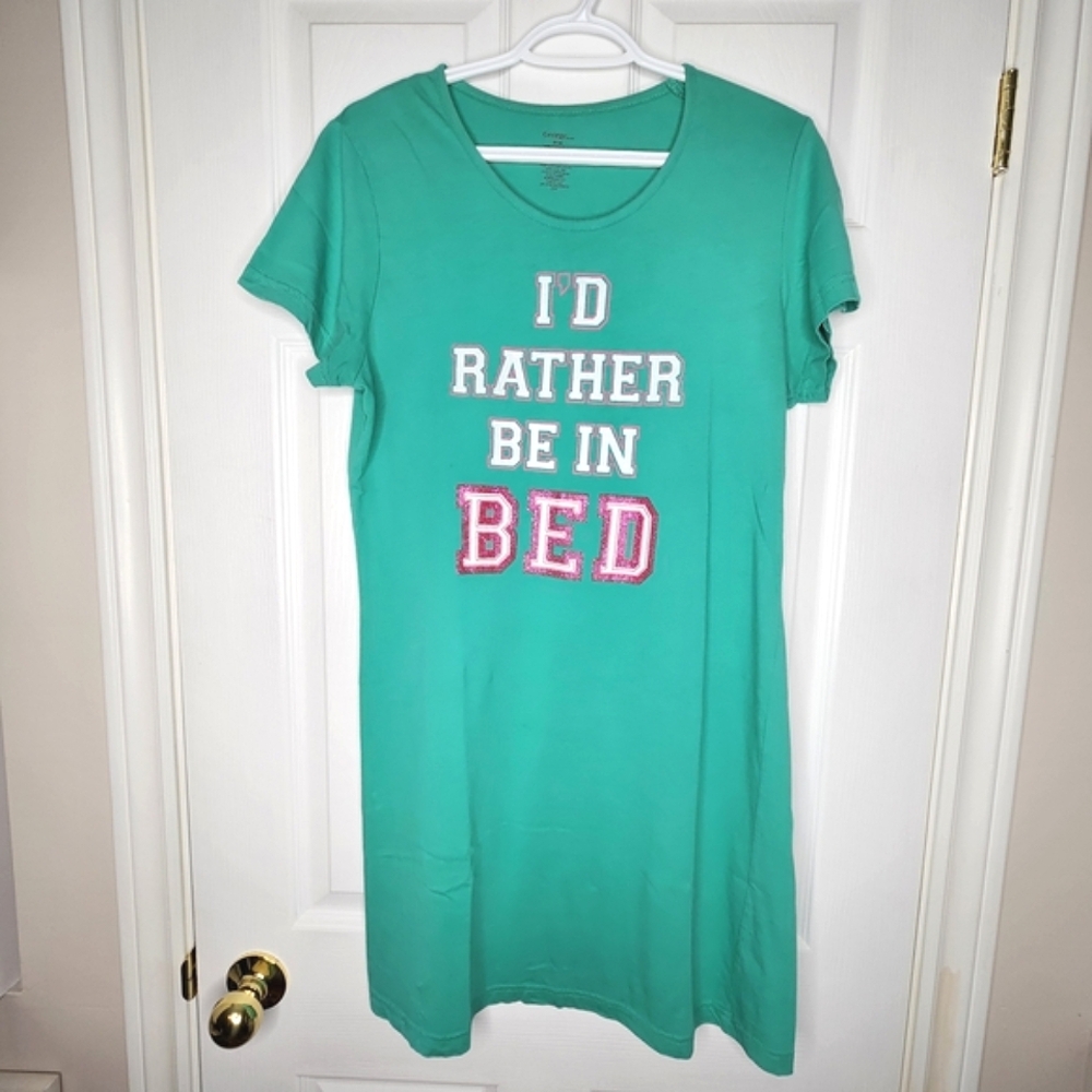 George Women's 'I'd Rather Be In Bed' Sleep Shirt Green Cotton Nightshirt Size M